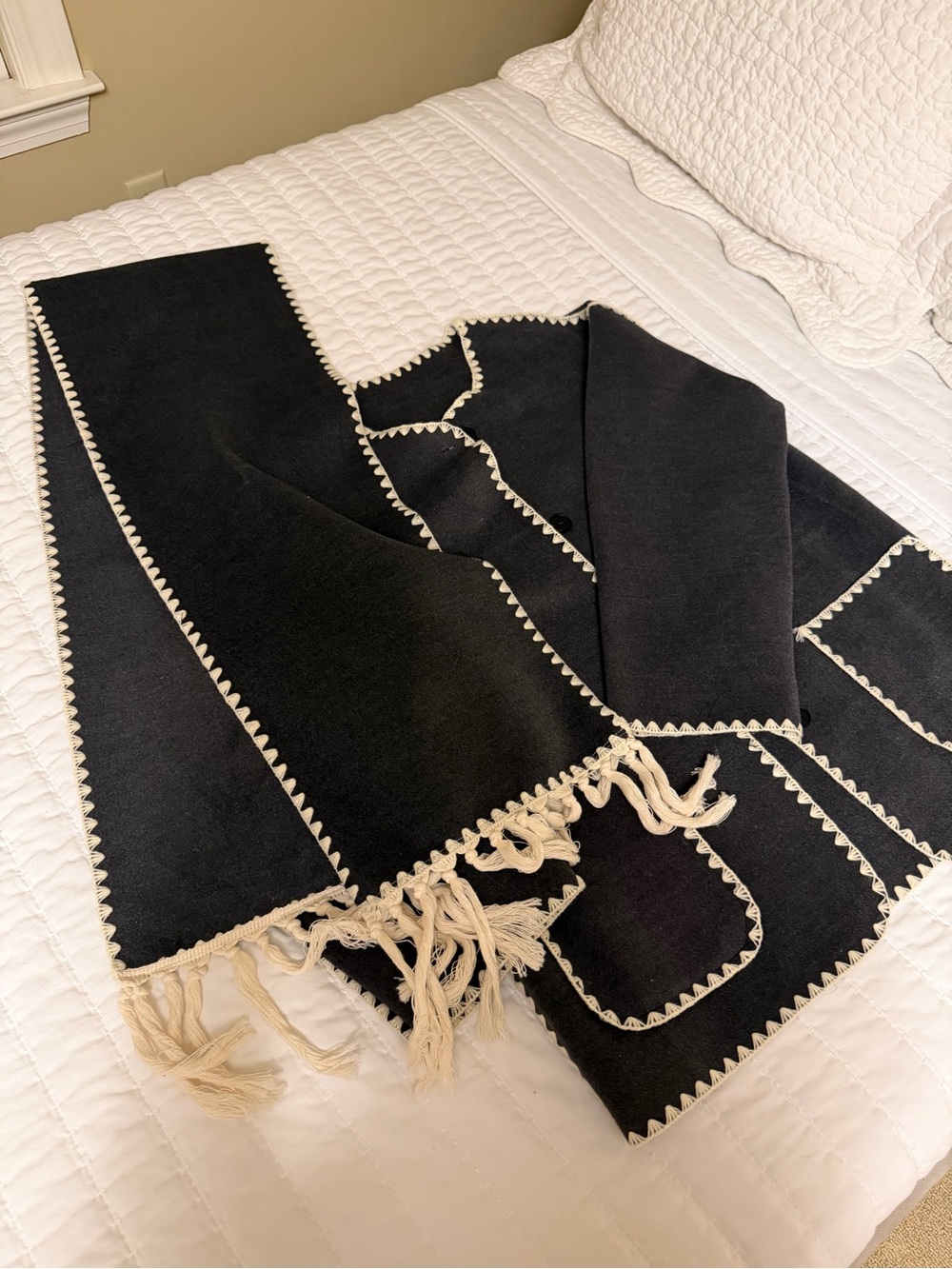 Dark Grey Whipstitch Coat with Matching Scarf